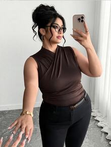 Elenzga Plus Size Brown Wrap Detail Knitted Tank Top Casual Regular Length Plain Stand Collar - Brown - View 5