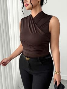 Elenzga Plus Size Brown Wrap Detail Knitted Tank Top Casual Regular Length Plain Stand Collar - Brown - View 3