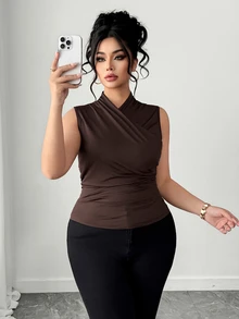 Elenzga Plus Size Brown Wrap Detail Knitted Tank Top Casual Regular Length Plain Stand Collar - Brown - View 9
