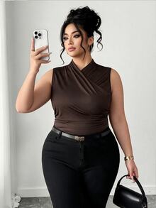 Elenzga Plus Size Brown Wrap Detail Knitted Tank Top Casual Regular Length Plain Stand Collar - Brown - View 1