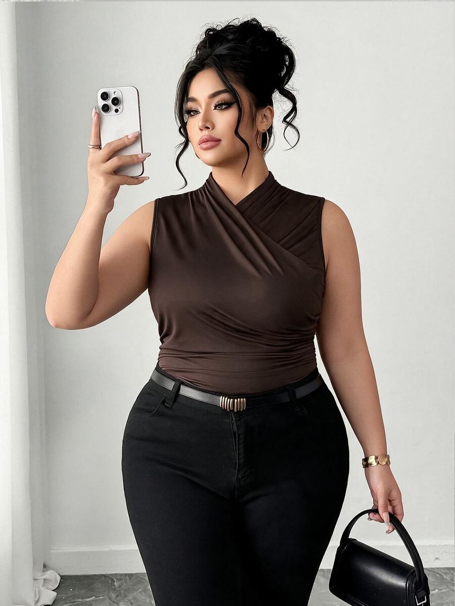 Elenzga Plus Size Brown Wrap Detail Knitted Tank Top Casual Regular Length Plain Stand Collar - Brown - View 1
