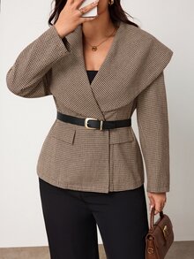 Enliva Plus-Size Women's Elegant Casual Fitted Houndstooth Pattern Fall/ Coat Apple Rounded Body Business Office Party Black - Khaki - View 4
