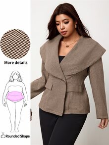 Enliva Plus-Size Women's Elegant Casual Fitted Houndstooth Pattern Fall/ Coat Apple Rounded Body Business Office Party Black - Khaki - View 1