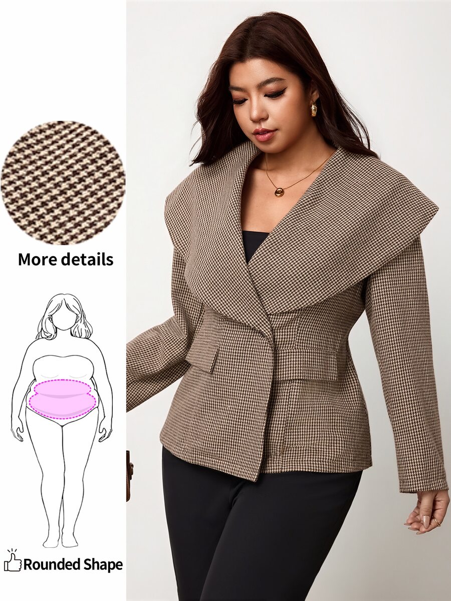 Enliva Plus-Size Women's Elegant Casual Fitted Houndstooth Pattern Fall/ Coat Apple Rounded Body Business Office Party Black - Khaki - View 1