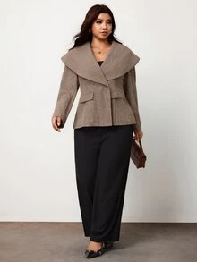 Enliva Plus-Size Women's Elegant Casual Fitted Houndstooth Pattern Fall/ Coat Apple Rounded Body Business Office Party Black - Khaki - View 7