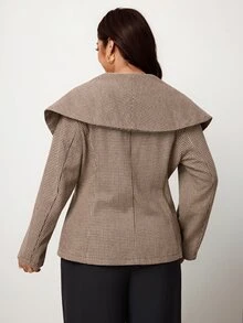 Enliva Plus-Size Women's Elegant Casual Fitted Houndstooth Pattern Fall/ Coat Apple Rounded Body Business Office Party Black - Khaki - View 2
