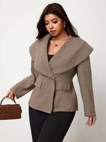 Enliva Plus-Size Women's Elegant Casual Fitted Houndstooth Pattern Fall/ Coat Apple Rounded Body Business Office Party Black - Khaki - View 5