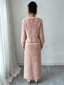 Elenzga 秋冬款粉色毛絨針織開襟外套＋中長裙女款毛衣兩件套 - 藕粉色 - 查看 2