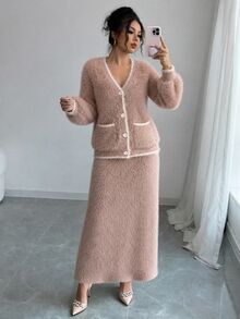 Elenzga 秋冬款粉色毛絨針織開襟外套＋中長裙女款毛衣兩件套 - 藕粉色 - 查看 7
