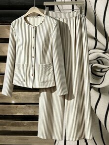 SHEIN LUNE Women's 2 Pieces Set, Round Neck Striped Linen-Like Casual Long Sleeve Shirt, Comfortable Versatile Home Wear - Multicolor - View 11