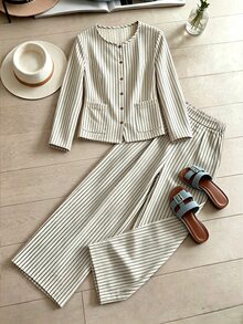 SHEIN LUNE Women's 2 Pieces Set, Round Neck Striped Linen-Like Casual Long Sleeve Shirt, Comfortable Versatile Home Wear - Multicolor - View 1