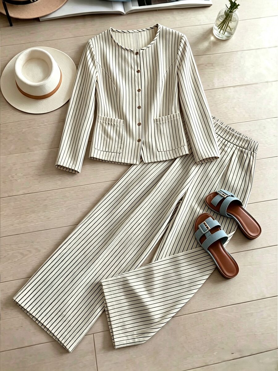 SHEIN LUNE Women's 2 Pieces Set, Round Neck Striped Linen-Like Casual Long Sleeve Shirt, Comfortable Versatile Home Wear - Multicolor - View 1