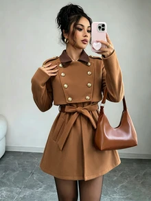 Yalmera Women's Autumn/Winter Contrast Color Lapel Double-Breasted Casual Overcoat - Brown - View 4