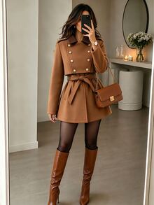 Yalmera Women's Autumn/Winter Contrast Color Lapel Double-Breasted Casual Overcoat - Brown - View 1