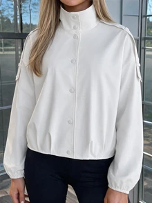 Avenya Minimalist Casual Style Stand Collar Shoulder-Connected Snap Button Zipper Jacket Everyday Off-White Fall - White - View 7