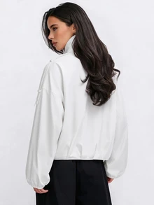 Avenya Minimalist Casual Style Stand Collar Shoulder-Connected Snap Button Zipper Jacket Everyday Off-White Fall - White - View 2