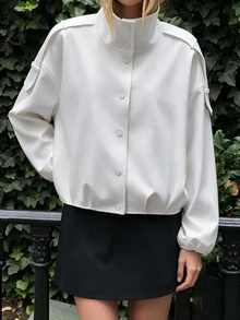 Avenya Minimalist Casual Style Stand Collar Shoulder-Connected Snap Button Zipper Jacket Everyday Off-White Fall - White - View 6