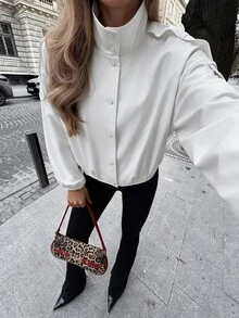 Avenya Minimalist Casual Style Stand Collar Shoulder-Connected Snap Button Zipper Jacket Everyday Off-White Fall - White - View 1