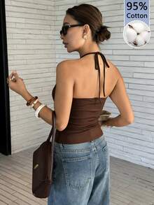 Cévolie Women's Summer New Pure Cotton Comfortable Sexy Fitted Lace Halter Neck Tank Top - Brown - View 2