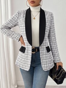 SHEIN Raffinéa Women's Elegant Daily Versatile Fashion Contrast Color Cardigan Blazer Jacket, Autumn/Winter ,Office Ladies - Black - View 1