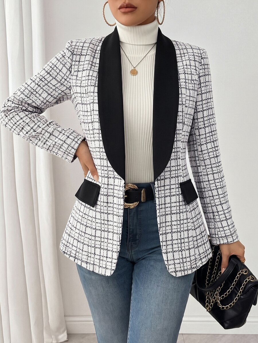 SHEIN Raffinéa Women's Elegant Daily Versatile Fashion Contrast Color Cardigan Blazer Jacket, Autumn/Winter ,Office Ladies - Black - View 1