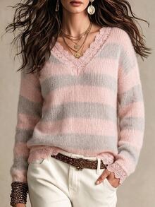 SHEIN 女款落肩寬鬆長袖套頭毛衣，條紋對比蕾絲秋季上衣，粉色條紋配色，蕾絲飾邊，早午餐浪漫休閒風 - 彩色 - 查看 5