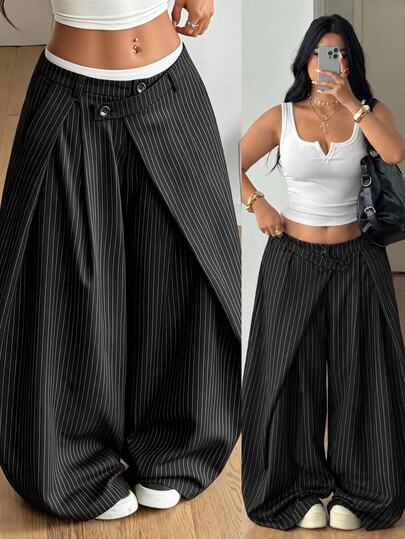 Coolane Women's Plus Size Fall Winter Elegant Formal Going Out Casual Baggy Black Stripe Bloomer Pants Curved Asymmetrical Design Hem Banana Pants Halloween