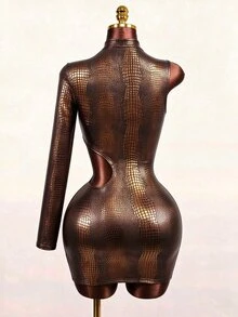 Mistrie Sexy Crocodile Print Cutout Waist Long Sleeve High Neck Club Mini Dress - Multicolor - View 7