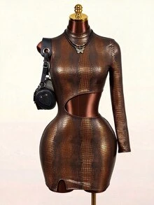 Mistrie Sexy Crocodile Print Cutout Waist Long Sleeve High Neck Club Mini Dress - Multicolor - View 5