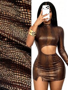 Mistrie Sexy Crocodile Print Cutout Waist Long Sleeve High Neck Club Mini Dress - Multicolor - View 1