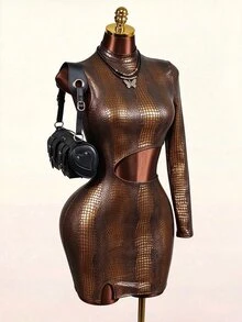 Mistrie Sexy Crocodile Print Cutout Waist Long Sleeve High Neck Club Mini Dress - Multicolor - View 4