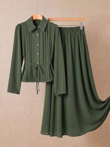 Rusticease Women's Casual Modest Elegant Solid Color Waist Tie Shirt And Long Skirt 2 Pieces Set Office Everyday Olive Green Fall - Green - View 1
