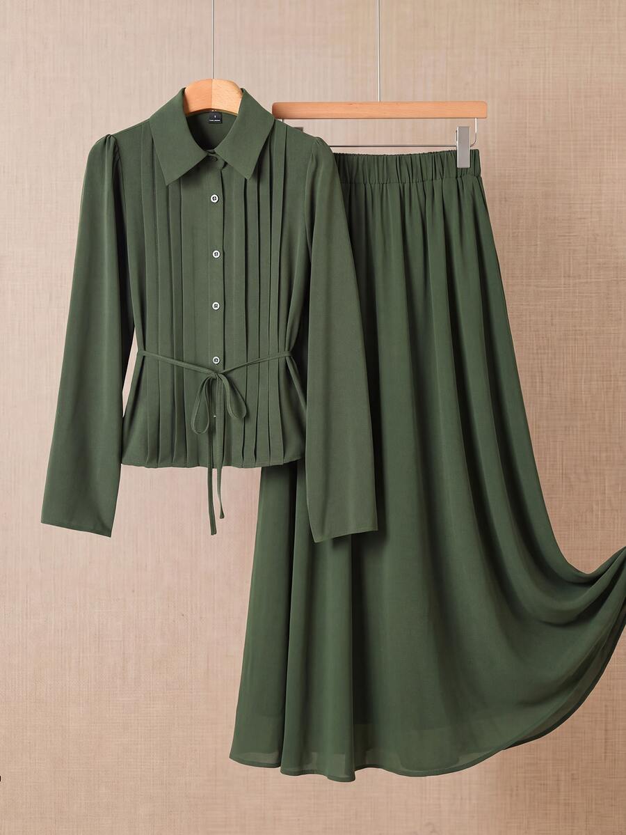 Rusticease Women's Casual Modest Elegant Solid Color Waist Tie Shirt And Long Skirt 2 Pieces Set Office Everyday Olive Green Fall - Green - View 1