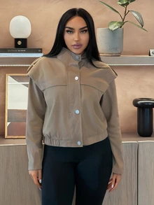 SHEIN SXY Women's Solid Color Casual Versatile Daily Long Sleeve Jacket - Khaki - View 3