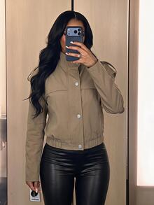 SHEIN SXY Women's Solid Color Casual Versatile Daily Long Sleeve Jacket - Khaki - View 7