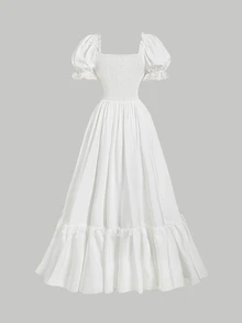 SHEIN MOD Plus Size White Maxi Lace Ruffled Victorian Elegant Vintage Dress, Party Mother Of The Bride Prom Exquisite Craftsmanship, Graduation, Wedding Summer - White - View 3