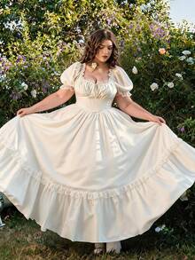 SHEIN MOD Plus Size White Maxi Lace Ruffled Victorian Elegant Vintage Dress, Party Mother Of The Bride Prom Exquisite Craftsmanship, Graduation, Wedding Summer - White - View 8