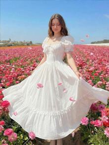 SHEIN MOD Plus Size White Maxi Lace Ruffled Victorian Elegant Vintage Dress, Party Mother Of The Bride Prom Exquisite Craftsmanship, Graduation, Wedding Summer - White - View 6