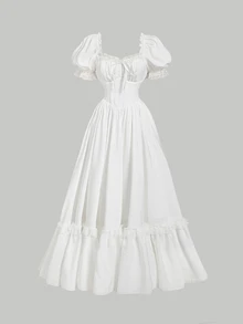 SHEIN MOD Plus Size White Maxi Lace Ruffled Victorian Elegant Vintage Dress, Party Mother Of The Bride Prom Exquisite Craftsmanship, Graduation, Wedding Summer - White - View 5
