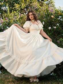 SHEIN MOD Plus Size White Maxi Lace Ruffled Victorian Elegant Vintage Dress, Party Mother Of The Bride Prom Exquisite Craftsmanship, Graduation, Wedding Summer - White - View 2
