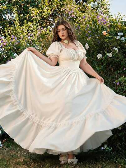 SHEIN MOD Plus Size White Maxi Lace Ruffled Victorian Elegant Vintage Dress, Party Mother Of The Bride Prom Exquisite Craftsmanship, Graduation, Wedding Summer