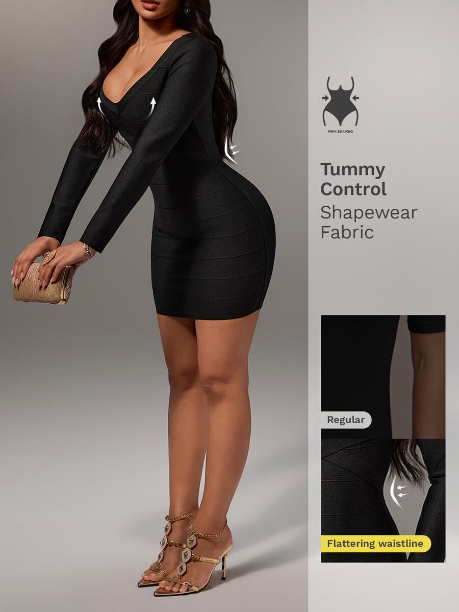 Nuvra Women's Long Sleeve V-Neck Waist-Cinching Sexy Fashion Party Mini Dress For Spring And Autumn - Black - View 1
