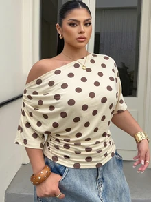 Muchica Plus Size Women's Polka Dot Print Asymmetrical Shoulder Short Sleeve Ruched T-Shirt - Multicolor - View 2