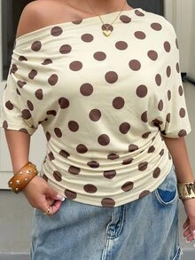 Muchica Plus Size Women's Polka Dot Print Asymmetrical Shoulder Short Sleeve Ruched T-Shirt - Multicolor - View 5