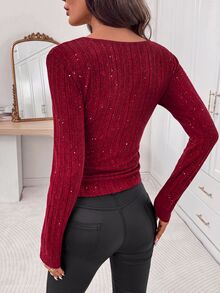 SHEIN Clasi V-Neck Slim Fit Ruched Red T-Shirt Christmas Night Party Cocktail Fall Elegant Sexy Sequin - Burgundy - View 6