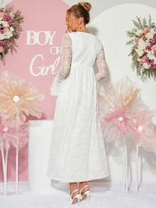 Loomaby 孕婦蕾絲拼接V領浪漫優雅日常夏季洋裝，性別揭曉洋裝，寶寶派對洋裝，秋季聖誕拍照白色 - 白色 - 查看 9