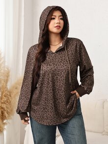SHEIN LUNE Plus Size Women's Leopard Print Sweatshirt, Long Sleeve, Casual, All Season Fall - Brown - View 6