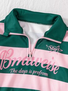 SHEIN Tween Girls Long Sleeve Fleece Fall Outfits Back-To-School Pink Emerald Green New York Letter Pattern Stand Collar Sweatshirt Pants Set Casual Cute - Green - View 7