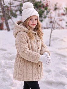 Tween Girl Heart Texture Long Sleeve Single-Breasted Hooded Jacket - Khaki - View 1