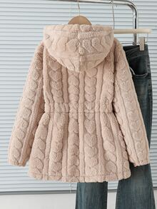 Tween Girl Heart Texture Long Sleeve Single-Breasted Hooded Jacket - Khaki - View 2